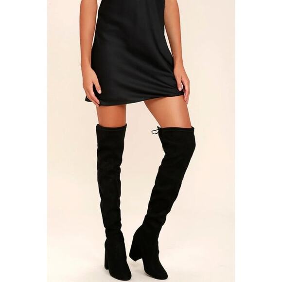 Steve Madden Black Faux Suede Thigh High Boots Women's Sz 7 Back Tie EUC - Picture 1 of 9